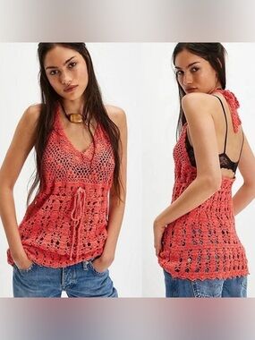 NEW Size Medium Free People Bayside Crochet Halter Tunic Red Radiant Watermelon